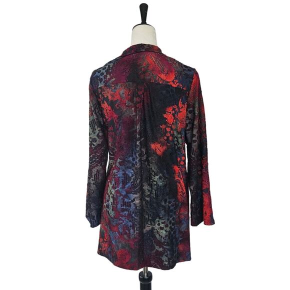 Calessa Velour Print Burnout Knit Draped Asymmetric Zip Front Cardigan - Picture 3 of 13